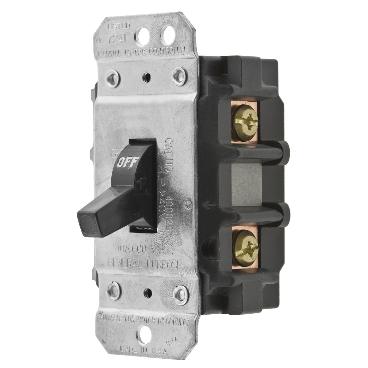 Switches and Lighting Controls, Industrial Grade, Manual Motor Controllers, Motor Disconnects, Two Pole, 30A 600V AC, Back and Side Wired Short Toggle