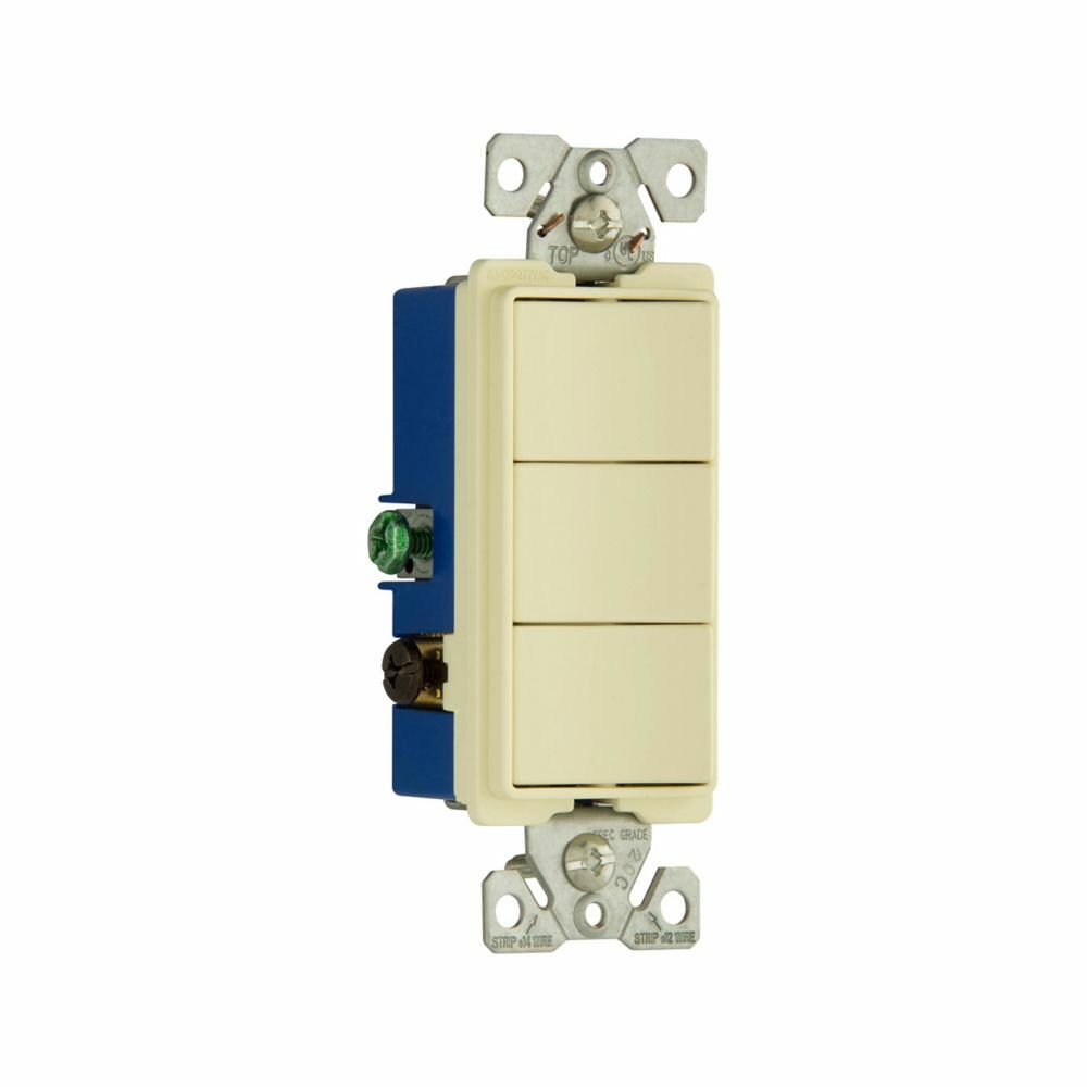 Eaton commercial grade combination switch, auto-grnd, Decorator, #14 - #12 AWG, 15A, resi, comm, 120/277V, bk and sd wiring, Rocker, Maint closure, Screw, Brass, almd, -20-60?C, (3) 1-pole, Triplex, thermoplas, polycrb, PVC