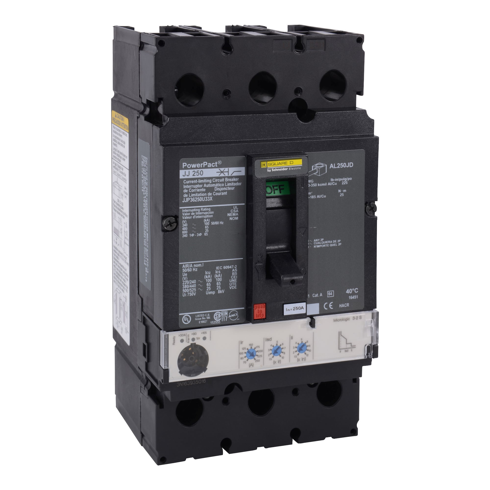 Circuit breaker, PowerPacT J, 250A, 3 pole, 600VAC, 25kA, lugs, Micrologic 3.2S, 80%