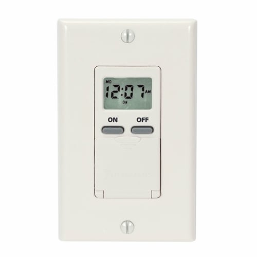The Digital 7-Day Timer 15 Amp 120 VAC Light Almond The EI500 Series In-Wall Timers allow up to 14 ON/OFF events per week. The timer is Incandescent, Fluorescent, CFL and LED compatible.