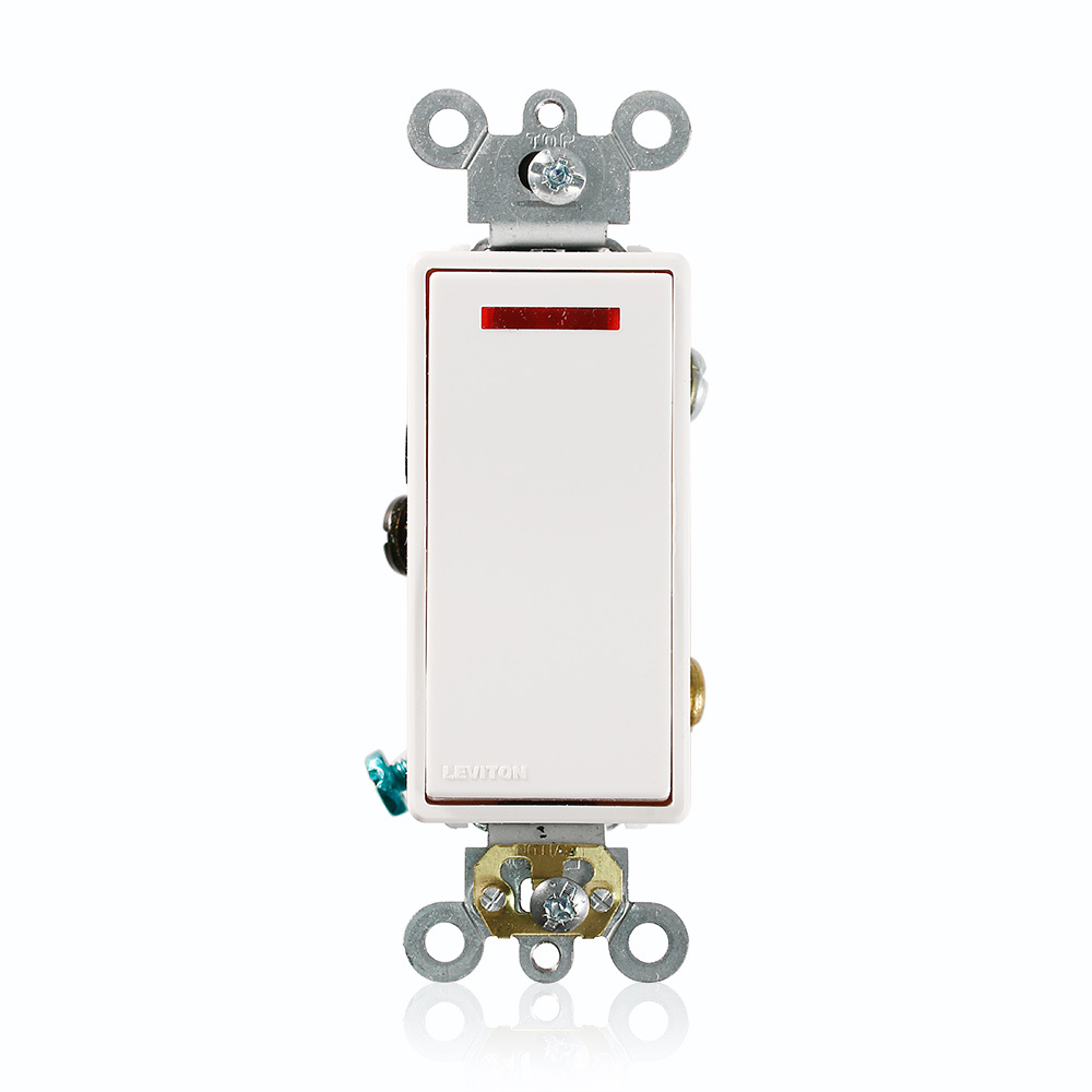 20 Amp, 277 Volt, Decora Plus Rocker Pilot Light - Illuminated ON - Req. Neutral Single-Pole AC Quiet Switch, Commercial Grade, Self Grounding, Back & Side Wired, - White