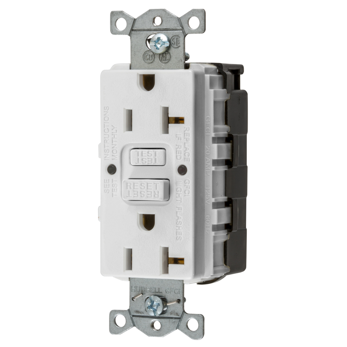 Power Protection Products, GFCIReceptacle, Duplex, SNAP-Connect, Commercial Grade, Self Test, 20A 125V,2-Pole 3-Wire Grounding, 5-20R, White, USA