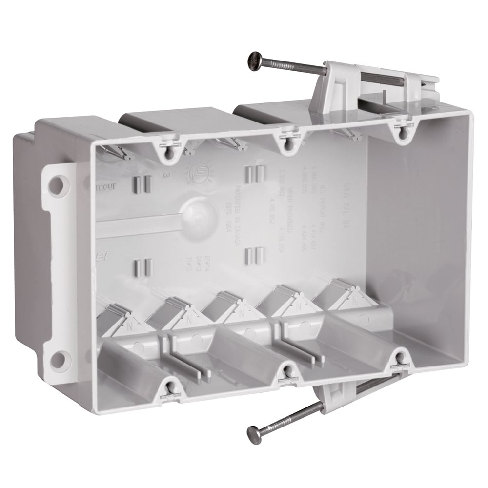Triple Gang Switch and Outlet Box with captive mounting nails on each end. It has six Auto/Clamps each end with Quick/Click entries. It is easy to install with a rectangular cutout. It is made with a durable, impact-resistant thermoplastic box. It has innovative extras that help cut installation time. 50 pack.