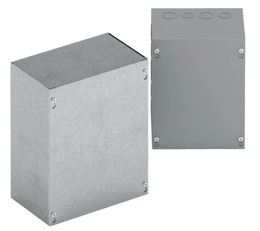 Type 1 junction boxes, 12" height, 8" length, 12" width, NEMA 1, Screw cover, SC enclosure, Surface mounted, Small single door, 5 side knockouts,5 top-bottom knockouts, Thru holes, Carbon steel