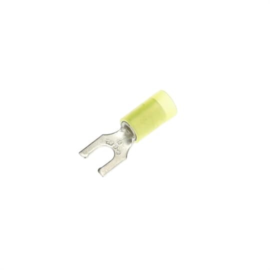Nylon Insulated Locking Fork Terminal, Length 1.00 Inches, Width .37 Inches, Maximum Insulation .210, Bolt Hole #10, Wire Range #12-#10 AWG, Color Yellow, Copper, Tin Plated, 500 Pack