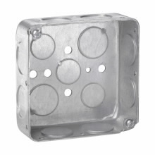 Eaton Crouse-Hinds series Square Outlet Box, (8) 3/4", 4", Conduit (no clamps), Drawn, 2-1/8", Steel, (8) 3/4", Air plenum, 22.0 cubic inch capacity