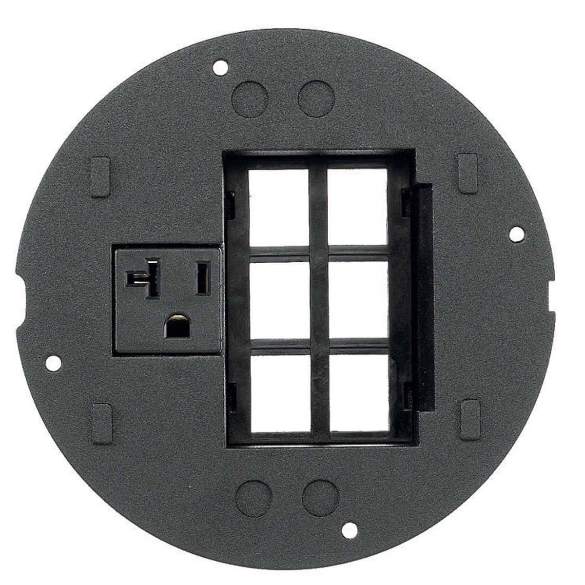 In-Floor Delivery Systems, SystemOne, Sub-Plate, Recessed Bezel for (6) Siemon MAX Modules, Single 20A, 125V Receptacle, Black