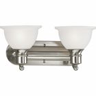 Brushed Nickel Two-light wall bracket with white etched glass. Glass in a clean, simple domed shape provides even, diffused illumination. Fixture can be installed facing upwards or downwards.