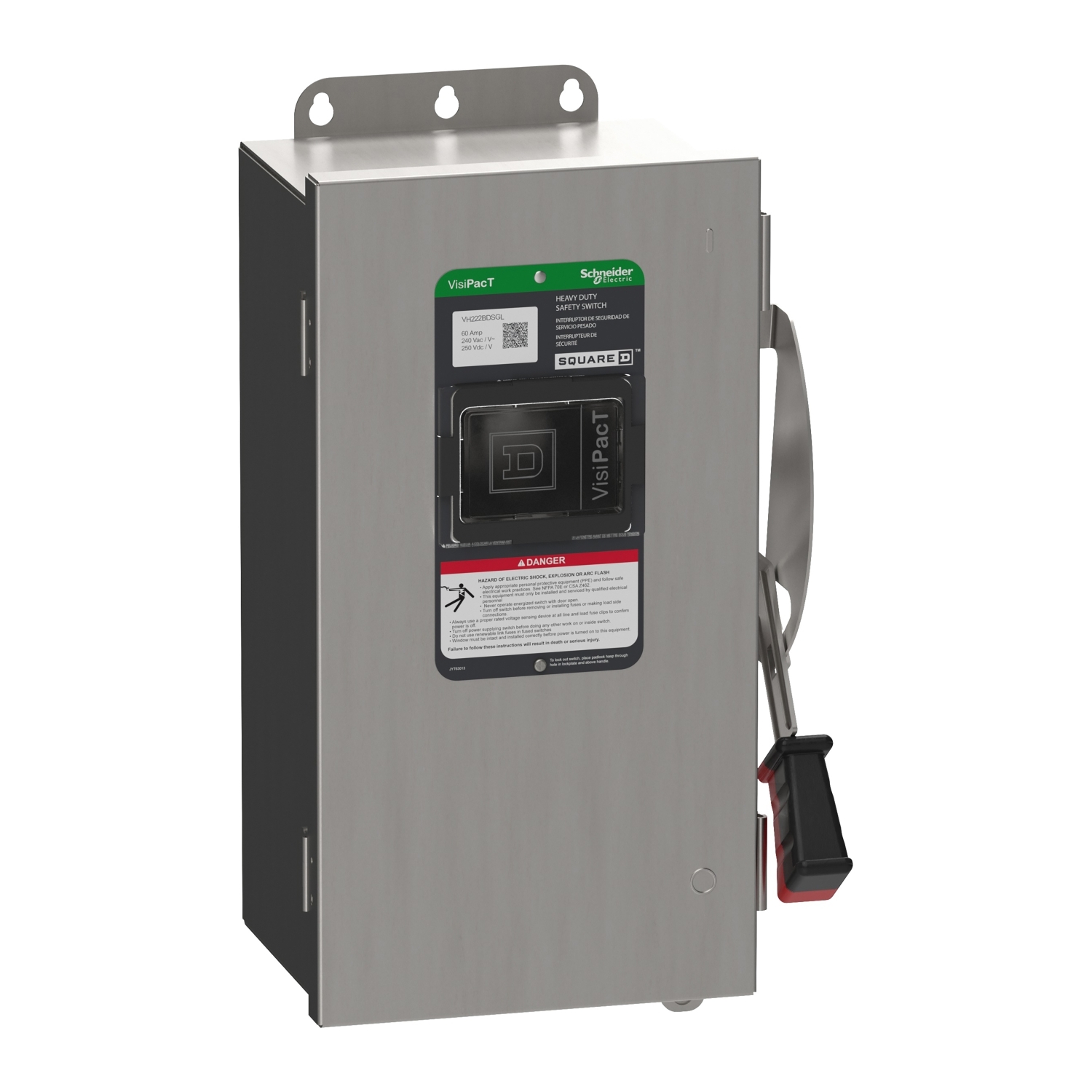 Safety switch, VisiPacT, heavy duty, fused, viewing window, NEMA 4X, 240V, 60A, 2 pole, ground lugs