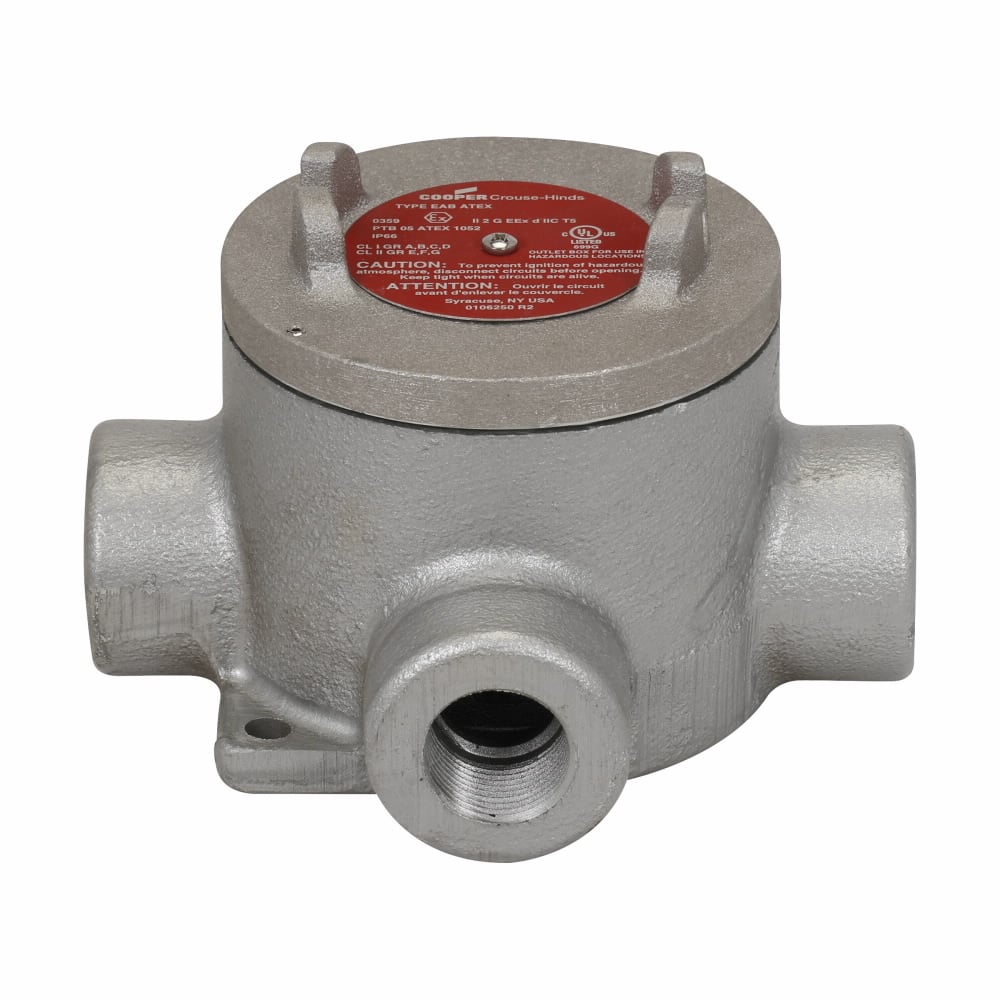 Eaton Crouse-Hinds series Condulet EAB ATEX conduit outlet box with cover, 3" cover opening diameter, Feraloy iron alloy, X, 3/4"