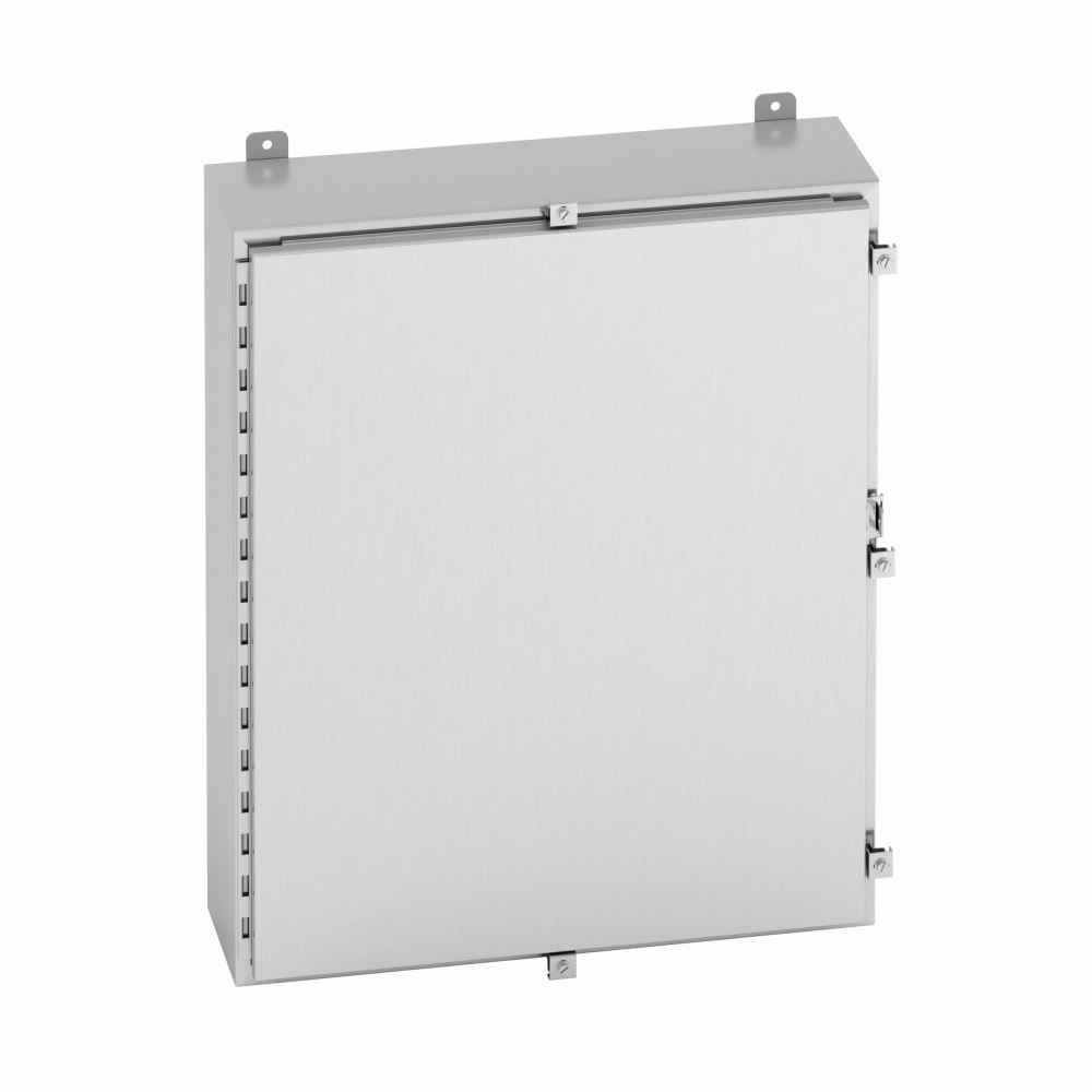 Eaton B-Line series wall mounted panel enclosure, 30" height, 8" length, 24" width, NEMA 4X, Hinged cover, 4XS enclosure, Wall mount, Medium single door, External mounting feet, 304 stainless steel, Seamless poured in-place gasket