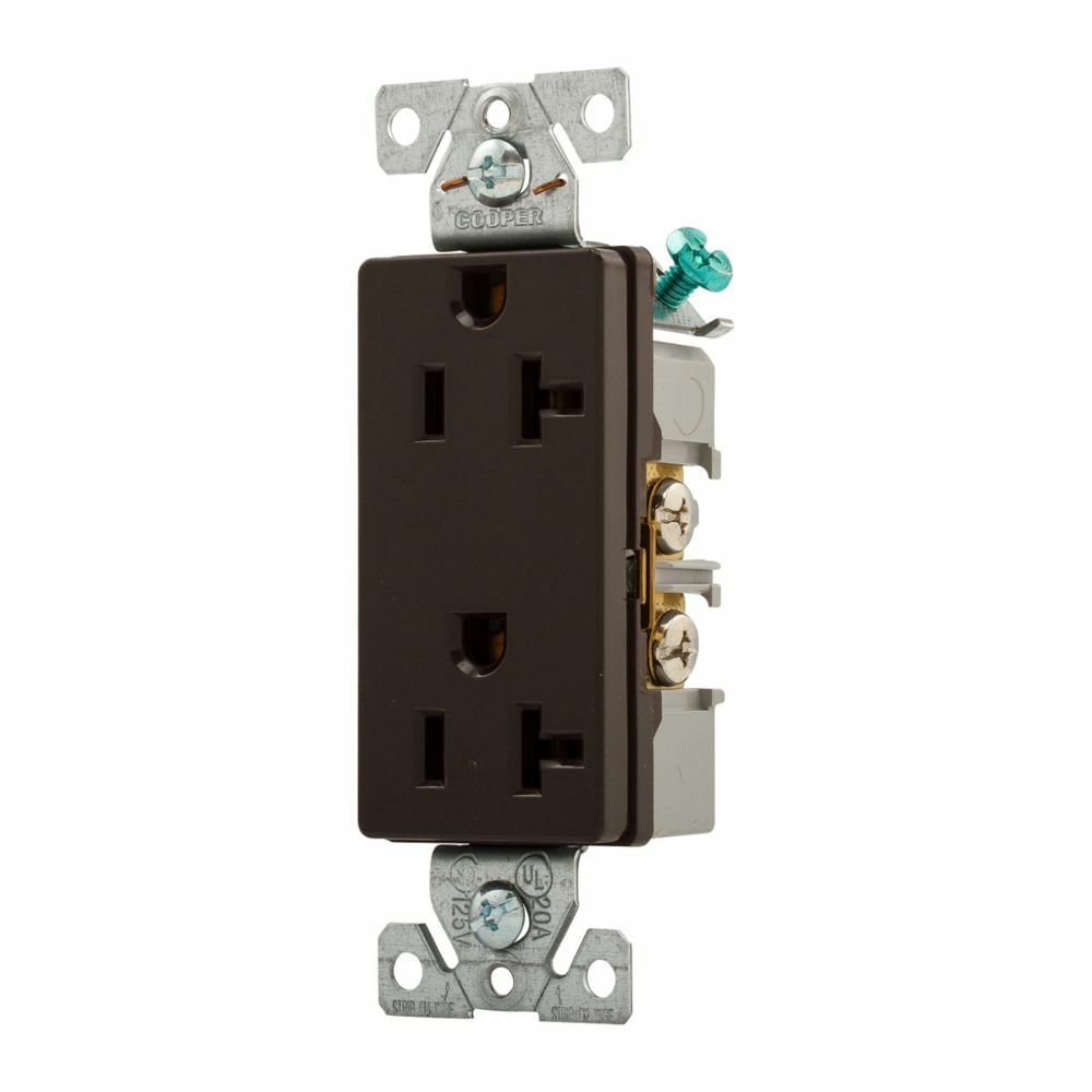 Eaton heavy-duty industrial specification grade decorator duplex receptacle, #14-10 AWG, 20A, Commercial, Flush, 125V, Back and side, Brown, Brass, Nylon, 5-20R, Duplex, Screw, PVC, Bulk