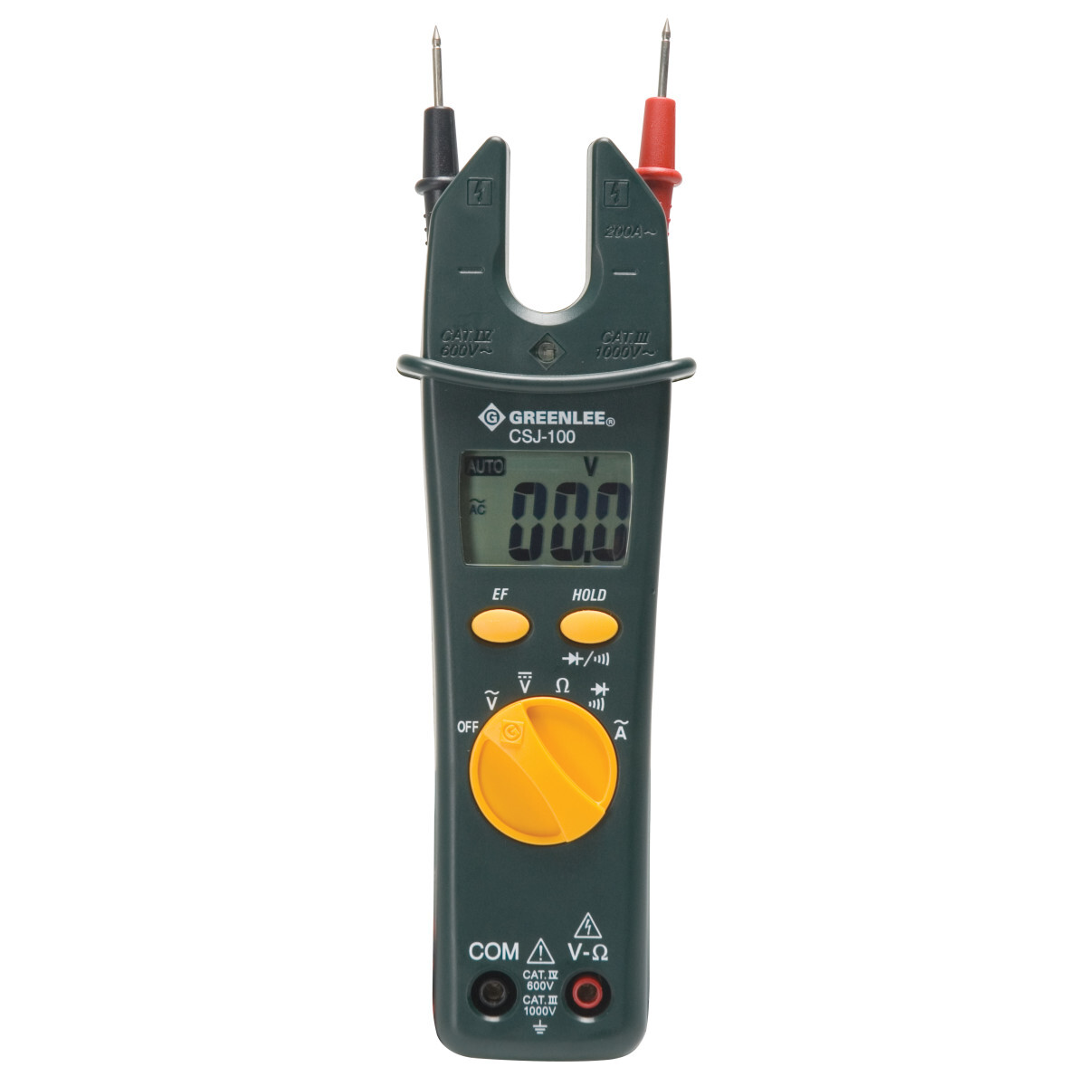 AC Open Jaw Clamp Meter.  AC amperage, AC/DC voltage measurement.  Open jaw design eases AC current measurement.  Slim profile with built-in probe storage on back.  Measures resistance up to 20MO.  Audible continuity and diode test.  Bright LED and audible alarm for non-contact voltage detection.  Auto power off for longer battery life.  Data hold to capture measurements.  2000 count LCD.  Accessories included: two (2) 1.5V AAA batteries, test leads and carrying case.  Lifetime Limited Warranty.