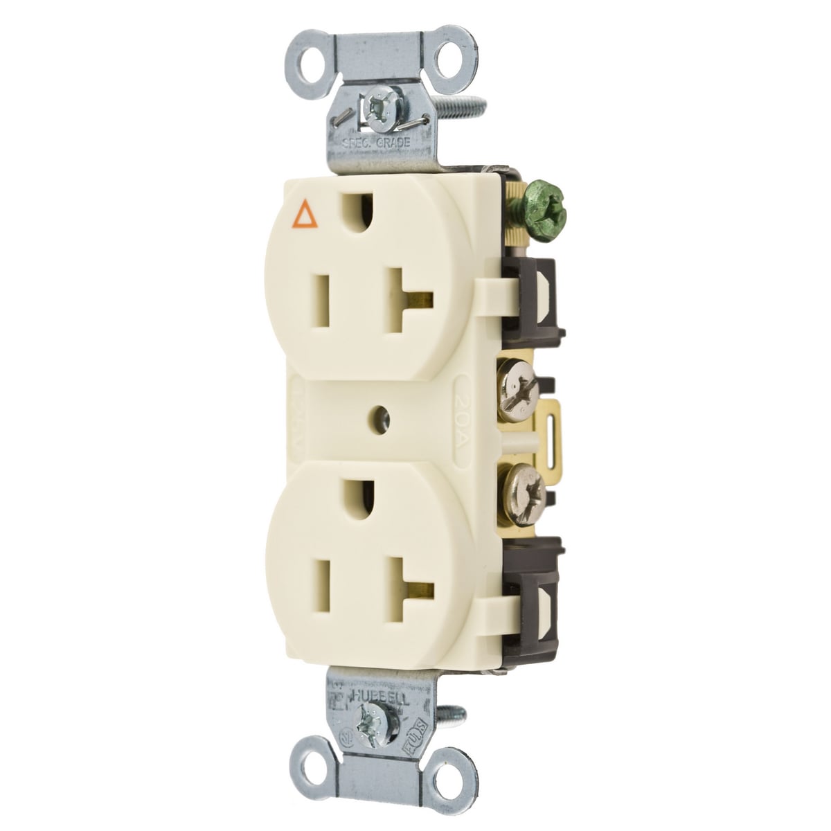 Straight Blade Devices, Receptacles, Duplex, Commercial Grade, Corrosion Resistant, 20A 125V, 2-Pole 3-Wire Grounding, 5-20R, Back and Side Wired, Almond.