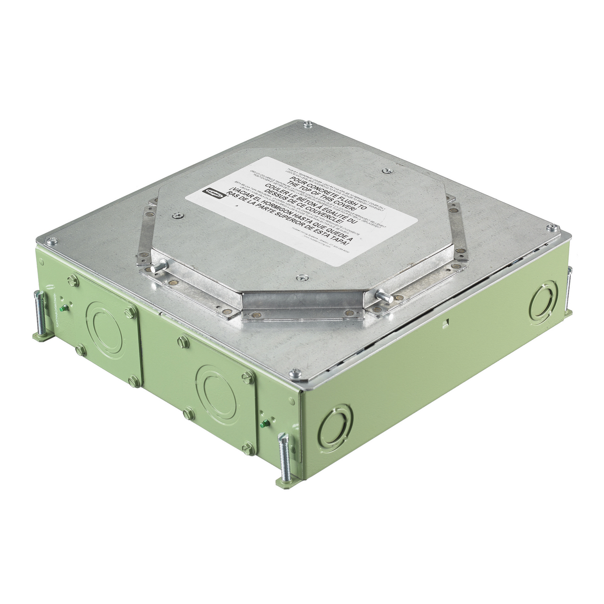 Concrete Floorboxes, Galvanized Stamped Steel Box, Recessed, 4-Gang CFB Series Box for Round Covers, 3.75" Minimum Depth of Pour, Corrosion Resistant Paint