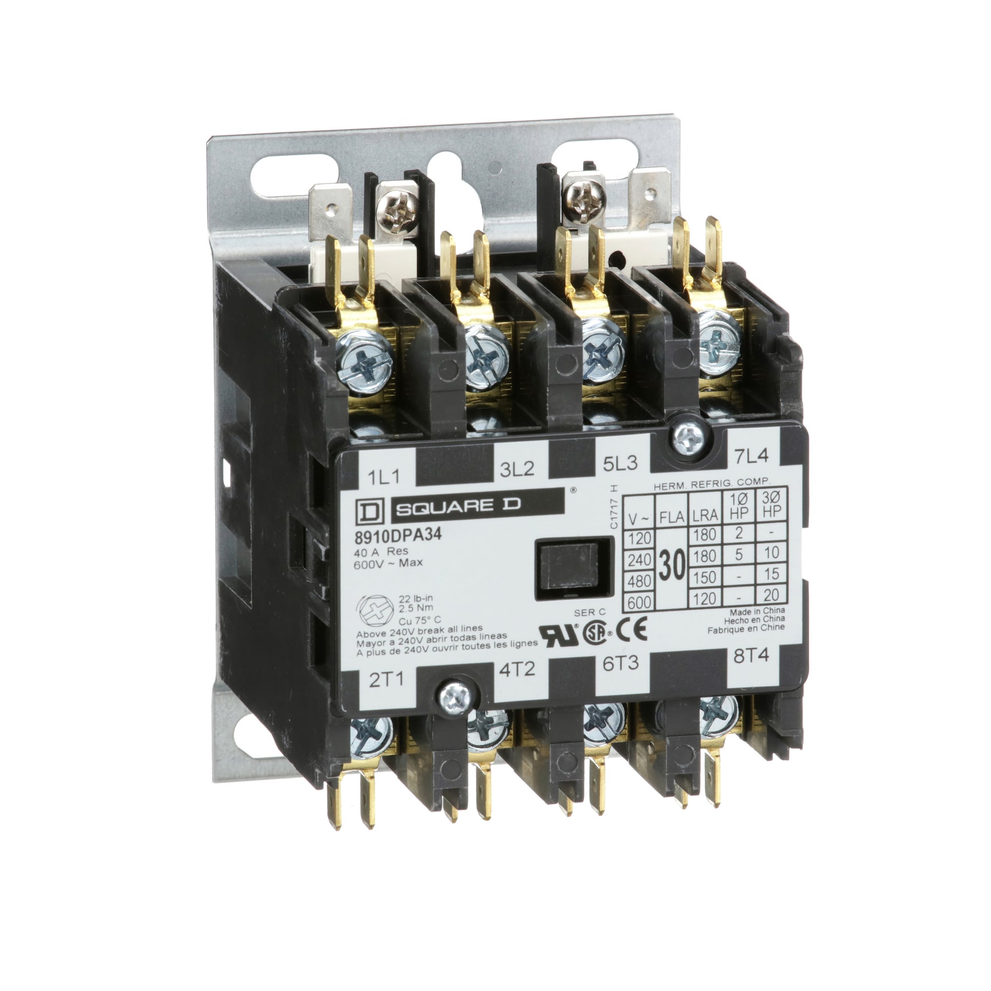 Contactor, Definite Purpose, 30A, 4 pole, 20 HP at 575 VAC, 3 phase, 440/480 VAC 50/60 Hz coil, open