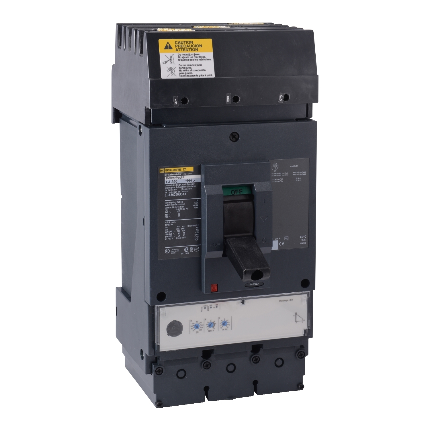 Circuit breaker, PowerPacT L, 250A, 3 pole, 600VAC, 25kA, I-Line, MicroLogic 3.3, 100%, ABC