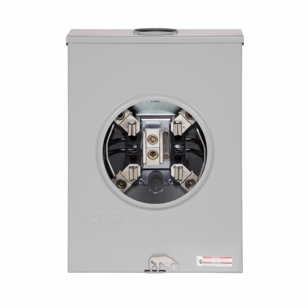 Eaton meter socket, 1-pos resi service, 200 A, Over/under, 3-5/16 inch hub open, #6-350 kcmil, 4-jaw, 1-ph, #6-350 kcmil, Gnd conn (#14-#2 Cu), Triplex, 3-wire, Ringless, 600 Vac