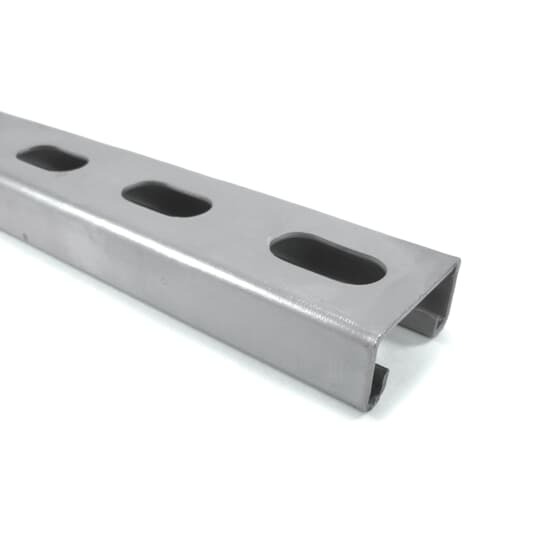 Channel, 12 Gauge, 1-5/8 Inch x 13/16 Inch, Length 20 Feet, Half Slotted Green Urethane Powder Coated Steel with 9/16 Inch x 1-1/8 Inch Slots on 2 Inch Centers