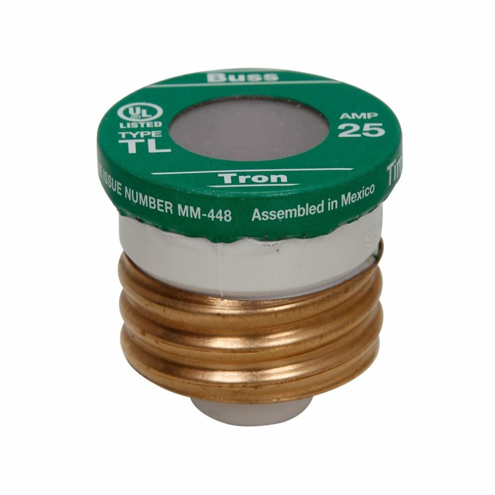 Eaton Bussmann series Type TL plug fuse, plug fuse, time delay, 25 A, 125 Vac, 10 kAIC (RMS Symmetrical) interrupt rating, 10 kA short circuit rating, threaded mount, plastic body, brass thread, edison base