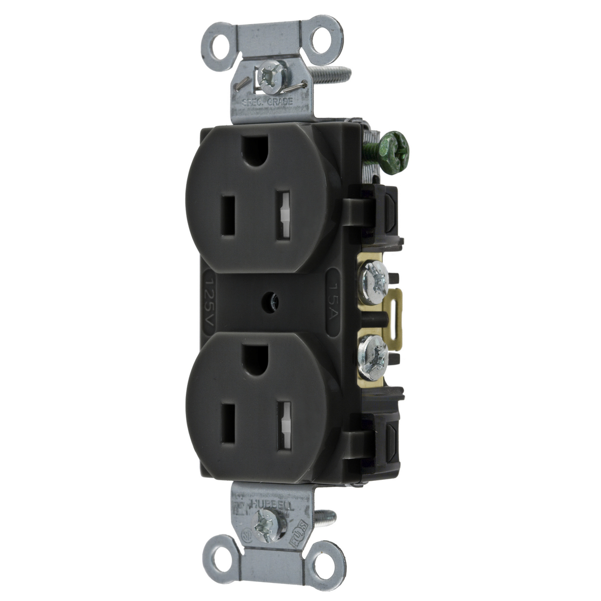Straight Blade Devices, Receptacles, Tamper-Resistant Duplex, Commercial/Industrial Grade, 2-Pole 3-Wire Grounding, 15A 125V, 5-15R, Black