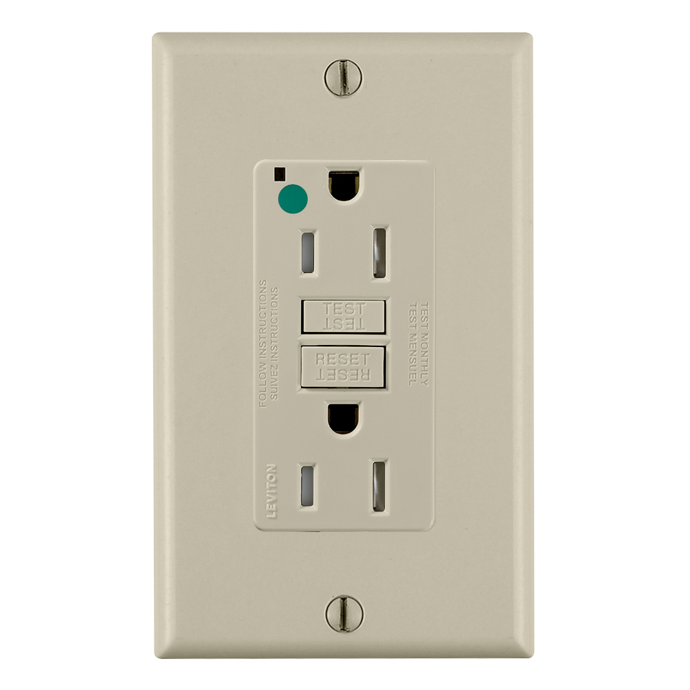 15 Amp, 125 Volt, SmartlockPro Slim Self-Test GFCI Receptacle, Extra-Heavy Duty Hospital Grade, Tamper-Resistant, NEMA 5-15R, 20A Feed-Through, 2P, 3W, Matching Wallplate Included - IVORY
