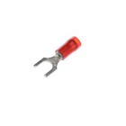 Nylon Insulated Fork Terminal, Length .83 Inches, Width .25 Inches, Maximum Insulation .136, Bolt Hole #10, Wire Range #22-#16 AWG, Color Red, Copper, Tin Plated