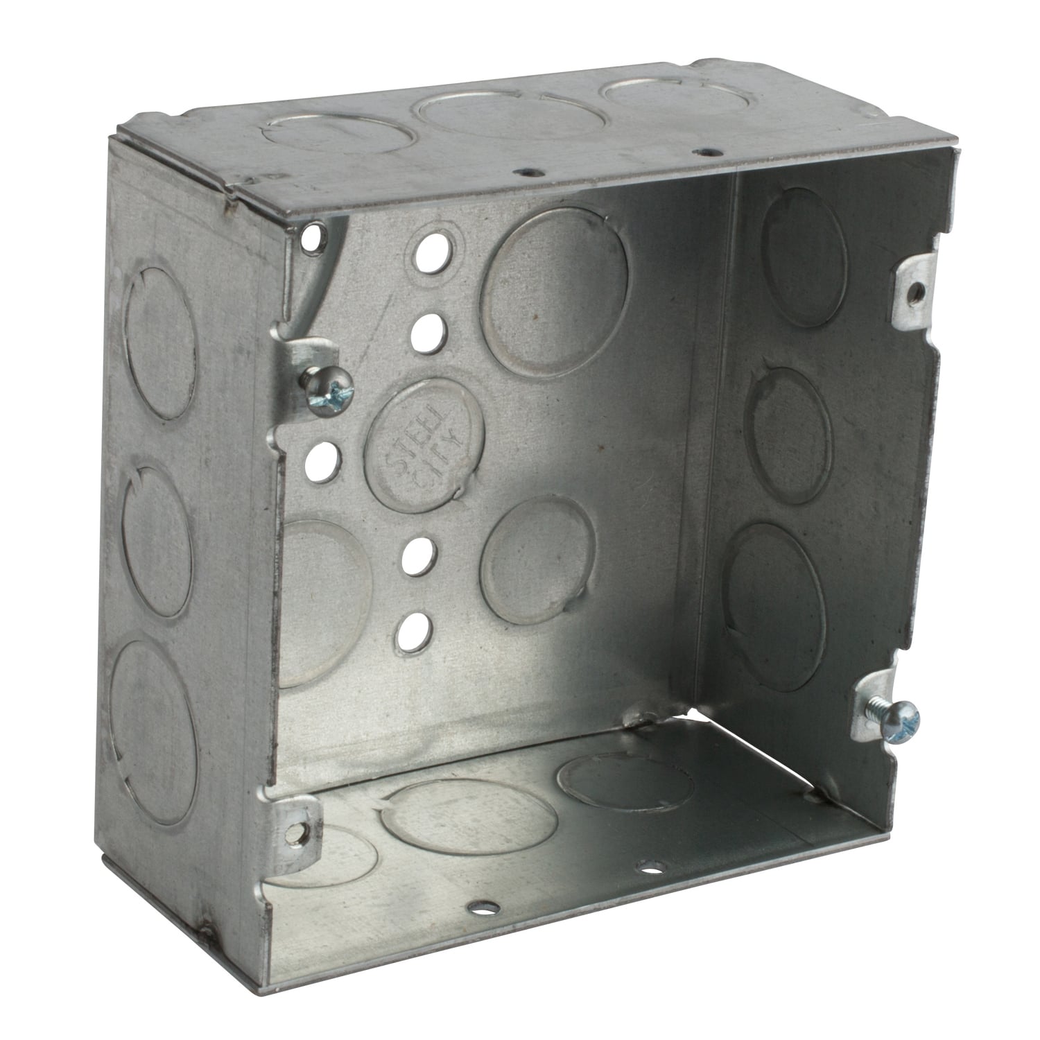 Square Box, 42 Cubic Inches, 4-11/16 Inches Square x 2-1/8 Inches Deep, 1/2 Inch and 3/4 Inch Knockouts, Galvanized Steel, Welded Construction, Four Tapped Ears, For use with Conduit