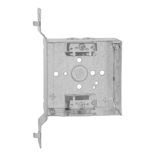Square Box, 21 Cubic Inches, 4 Inch Square x 1-1/2 Inch Deep, 1/2 Inch and 3/4 Inch Eccentric Knockouts, Pre-Galvanized Steel, with Armored Cable Clamp (C-3) and SC Bracket, For Use with Armored/Metal Clad Cable