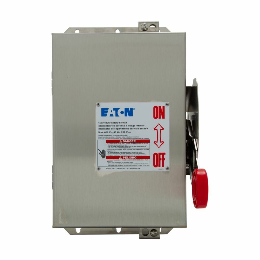 Eaton heavy duty single-throw non-fused safety switch, Single-throw, 30A, NEMA 4X, 316 Stainless steel, Non-fusible, 3-pole, 3-wire, Aux contact, 7.5 at 480 Vac TD 1 Ph, 10 at 600 Vac TD 1 Ph, 10 at 240 Vac TD 3 Ph, 20 at 480 Vac TD 3 Ph