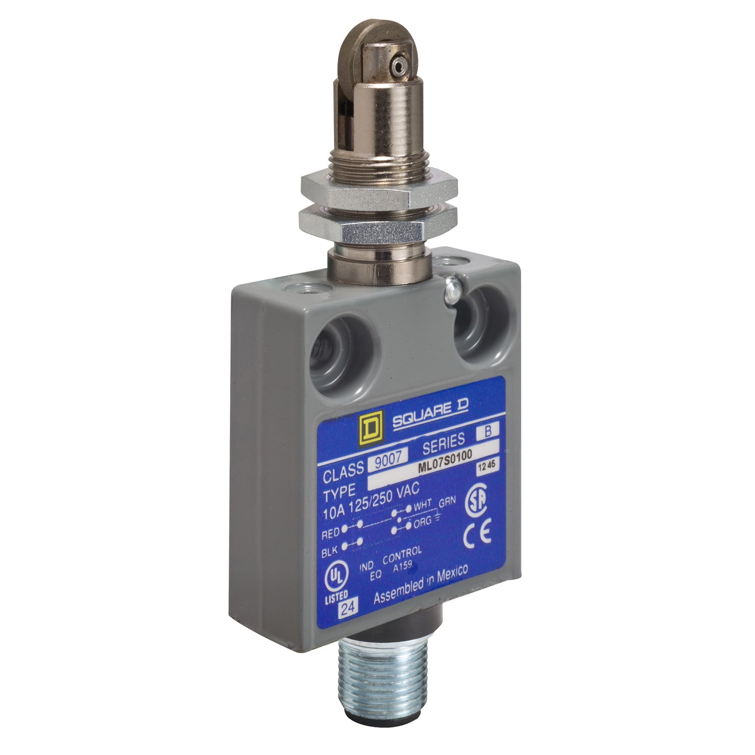 9007MS limit switch - parallel roller plunger - bushing mount - M12 DC bottom