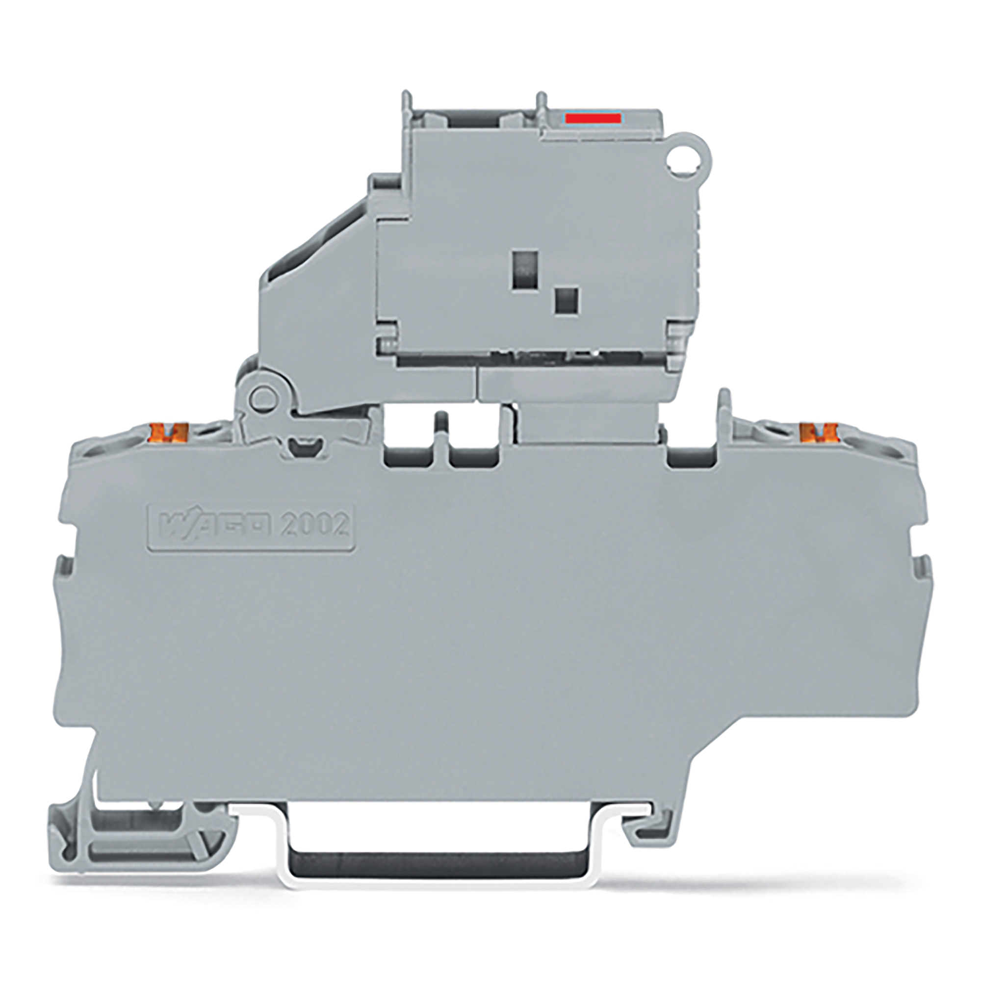 2-conductor fuse terminal block; with pivoting fuse holder; with additional jumper position; for 5 x 20 mm miniature metric fuse; with push-button; with blown fuse indication by LED; 230 V; for DIN-rail 35 x 15 and 35 x 7.5; 2.5 mm; Push-in CAGE CLAMP; 2,50 mm; gray