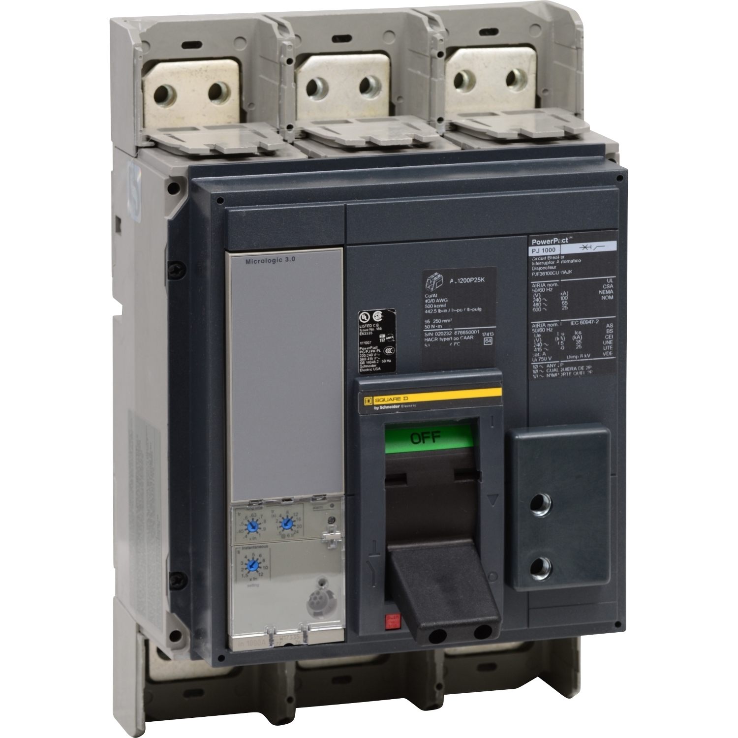 Circuit breaker, PowerPacT P, 1200A, 3 pole, 600VAC, 25kA, busbar, Micrologic 3.0, 80%