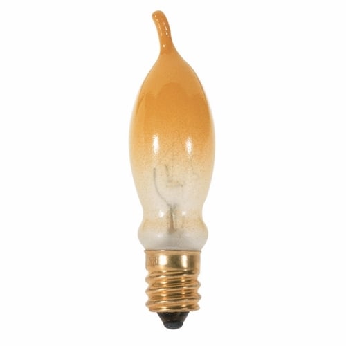Incandescent Decorative Lamp, Designation: 7 1/2CA5/FY, 120 V, 7.5 WTT, CA5 Shape, E12 Candelabra Base, Yellow, C-7A Filament, 1500 HR, Lumens: 35 LM Initial, 2-7/8 IN Length, 5/8 IN Diameter