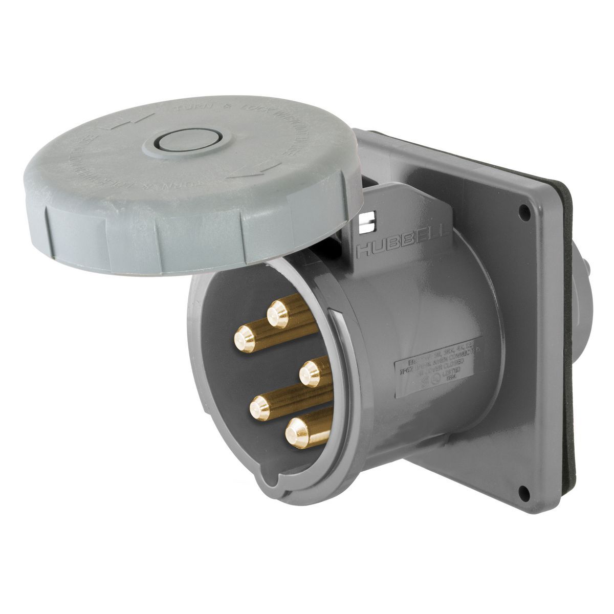 Heavy Duty Products, IEC Pin and Sleeve Devices, Marine Grade, Male, Flanged Inlet, 100A 3-Phase Wye 277/480V AC, 4-Pole 5-Wire Grounding, Terminal Screws, Yellow