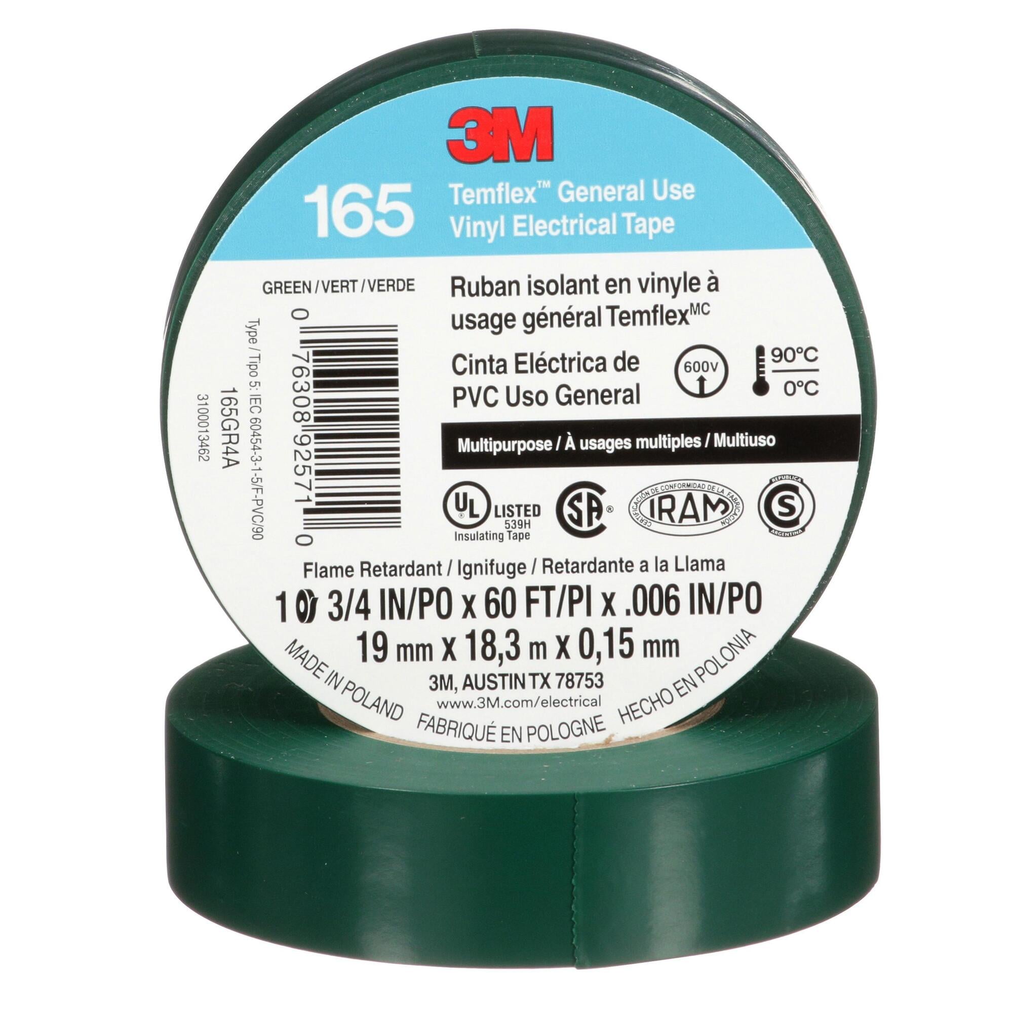 3M Temflex Vinyl Electrical Tape 165, Green, 3/4 in x 60 ft (19 mm x 18 m), 100 Rolls/Case