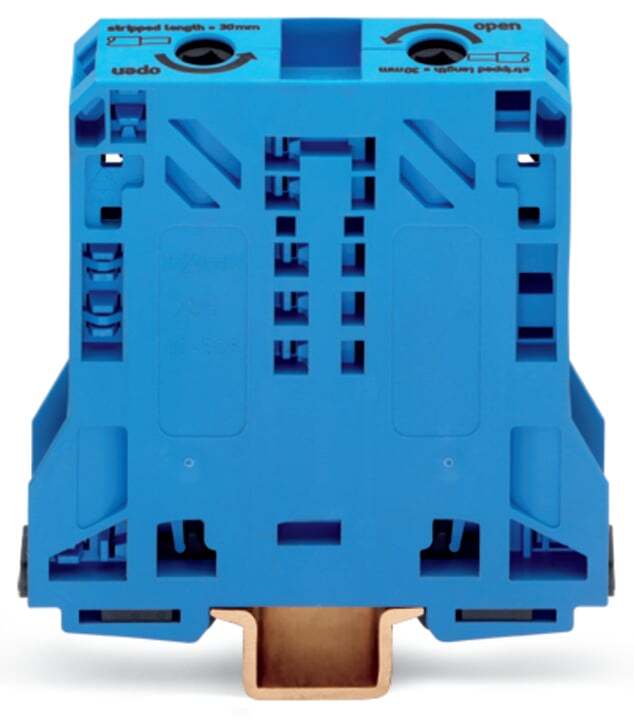 2-conductor through terminal block; 50 mm; lateral marker slots; only for DIN 35 x 15 rail; POWER CAGE CLAMP; 50,00 mm; blue