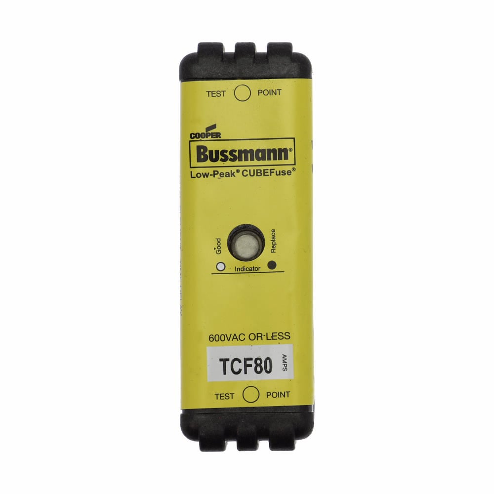Eaton Bussmann series TCF fuse, Finger safe, 600 Vac/300 Vdc, 80A, 300 kAIC at 600 Vac, 100 kAIC at 300 Vdc, Indicating, Time delay, inrush current withstand, Class CF, CUBEFuse, Glass filled PES