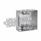 Eaton Crouse-Hinds series Square Outlet Box, (1) 1/2", 4", F, 4, AC/MC clamps, Welded, 1-1/2", Steel, (2) 1/2", (1) 1/2", (1) 3/4" E, 22.0 cubic inch capacity