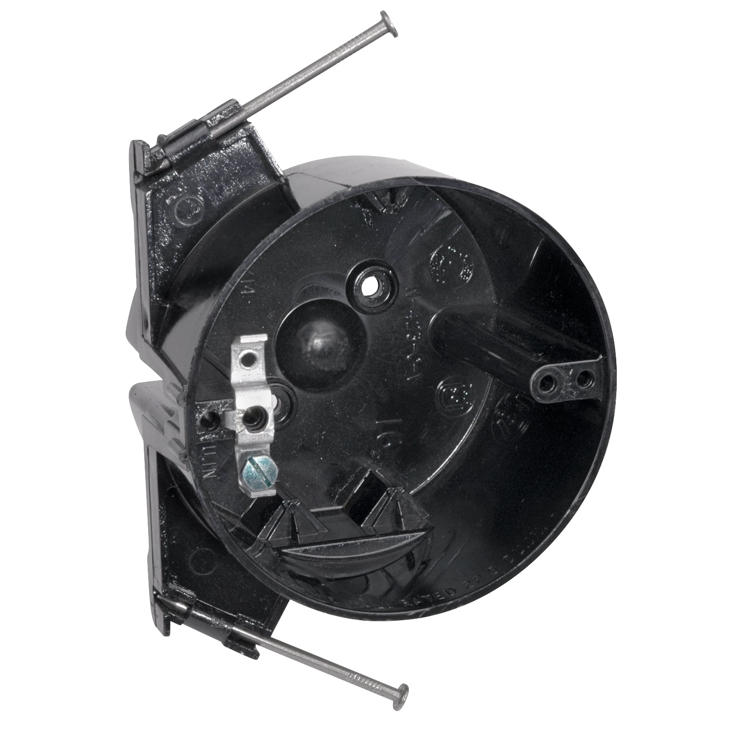 Round Ceiling Box, Volume 22.5 Cubic Inches, Diameter 4 Inches, Depth 2-1/2 Inches, Color Black, Material Polycarbonate, Mounting Means Angled Side Nails, with Molded Fast Clamp