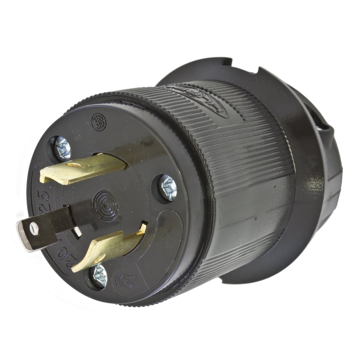 Locking Devices, Twist-Lock, Industrial, Male Insulgrip Plug, 20A 125V, 2-Pole 3-Wire Grounding, NEMA L5-20P, Screw Terminal, Black Nylon, Cord clamps with removable inserts.
