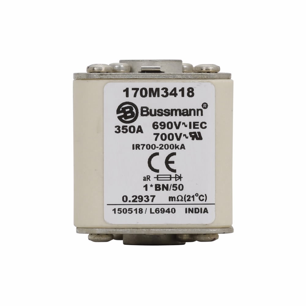 Eaton Bussmann series high speed square body fuse, 700V (UL), 690V (IEC), 350A, 200 kAIC, Top fuse status indicator, Fuse, Class aR, Flush - 170M3418