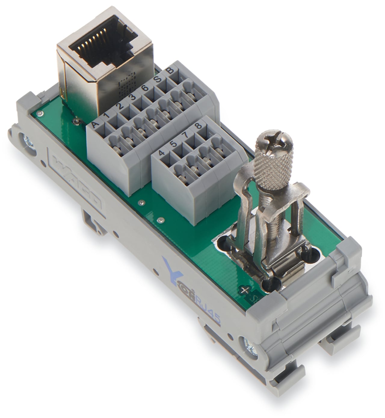 Interface module; RJ-45; with power jumper contacts; PCB terminal blocks, double-row; Cat. 5; in mounting carrier; with shield connection; with shield clamping saddle; 1,50 mm