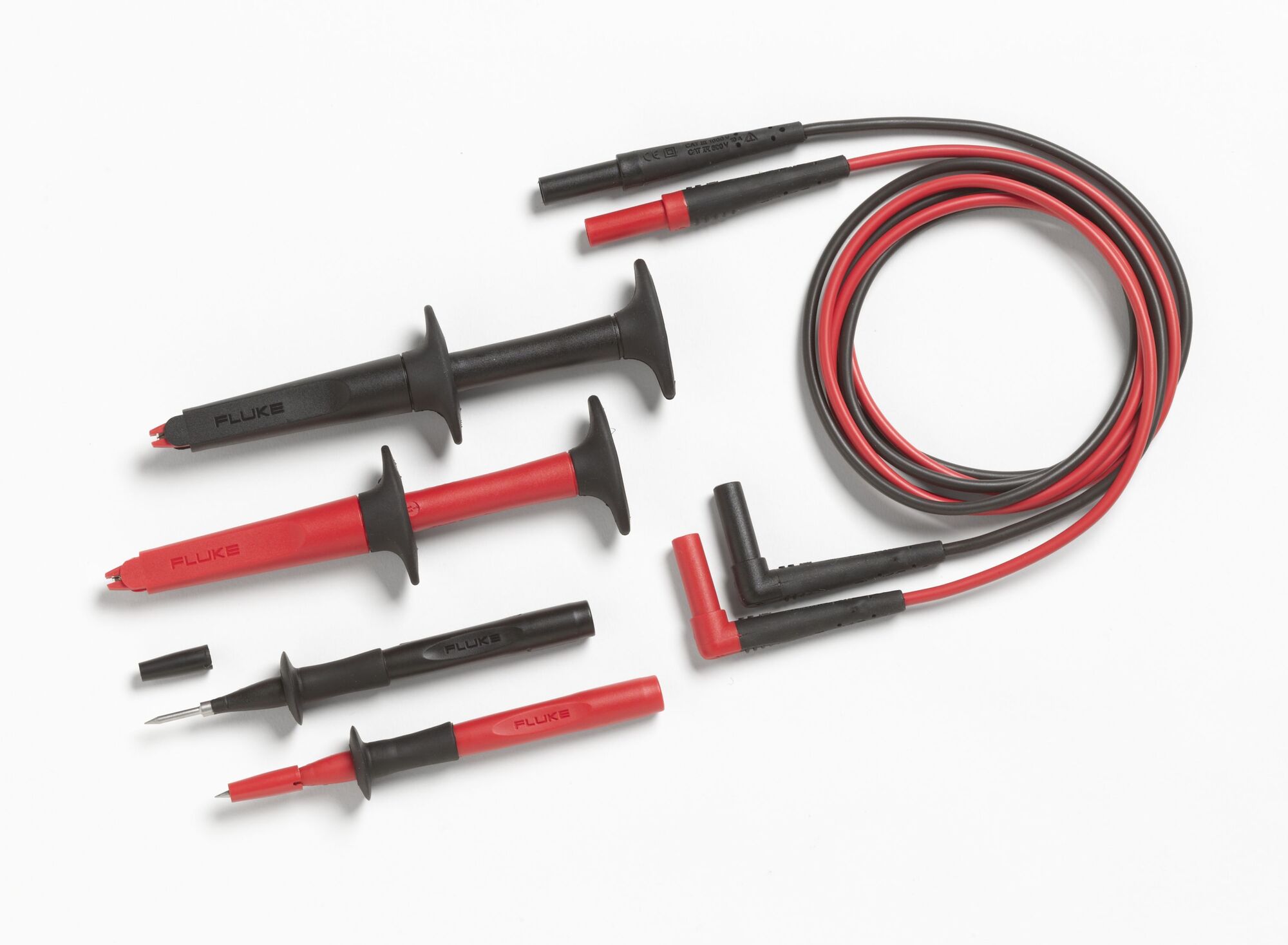 Handy all-in-one kit includes AC220 SureGrip Alligator Clip Set, TP220 SureGrip Industrial Test Probe Set, and TL224 SureGrip Silicone Test Lead Set (straight to right)