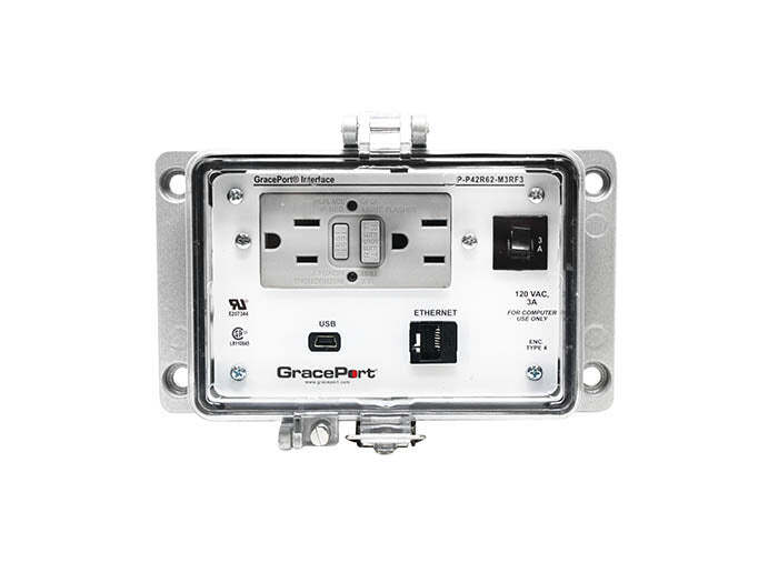 Panel Interface Connector with USB MINI TYPE B 5 POS , Category 6 Ethernet Bulkhead , Panel Mount Housing (6.50 in x 3.78 in), UL Type 4, Domestic GFCI Inside-Outside Rear Duplex Outlet, 3 Amp Circuit Breaker