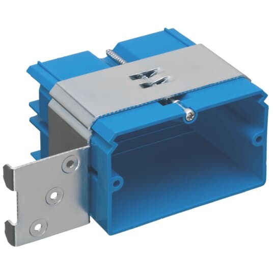 One-Gang Adjustable New Work Outlet Box, Volume 21 Cubic Inches, Length 3.65 Inches, Width 2.25 Inches, Depth 3.32 Inches, Color Blue, Material PVC, Mounting Means Horizontal Adjustable Bracket