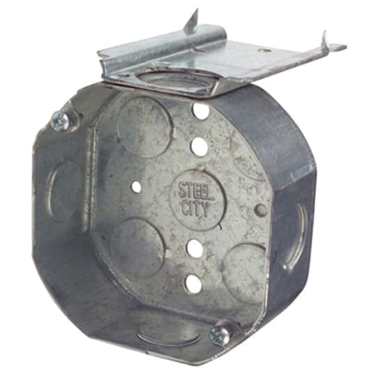 Octagon Box, 15.8 Cubic Inches, 4 Inch Diameter x 1-1/2 Inches Deep, 1/2 Inch Knockouts, Pre-Galvanized Steel, Drawn Construction, L Bracket, For use with Conduit