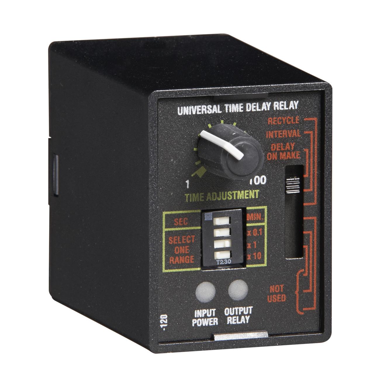 The TRU Series is a multifunction, knob adjustable, Universal Time Delay Relay. It includes six of the most popular timing functions selected by a slide switch. The time delay is knob adjustable and the time delay range is switch selectable. The repeat accuracy is + 0.1%. Both function and time range can be selected on the top face of the unit. In addition to multifunctioning and multiple time ranges, the TRU Series features universal input voltage; 19 to 264VAC and 19 to 30VDC and full 10A output relay. The TRU Series can directly replace up to 1000 competitive time delay relay models. Operation: A six position slide switch selects delay-on-make, interval, single shot, recycling (ON time first, equal recycle delays), delay-on-break, and retriggerable single shot. 8-pin DPDT base wiring is limited to delay-on-make, interval, and recyclingfunctions. All six functions are available in the 8-pin SPDT and 11-pin DPDT versions.
