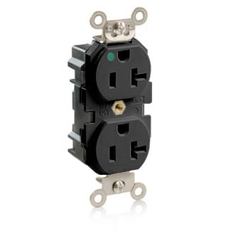 20 Amp, 125 Volt, NEMA 5-20R, 2P, 3W, Narrow Body Duplex Receptacle, Straight Blade, Hospital Grade, Self Grounding, Tamper-Resistant, Modular Terminals, Steel Strap, Lev-Lok - Black
