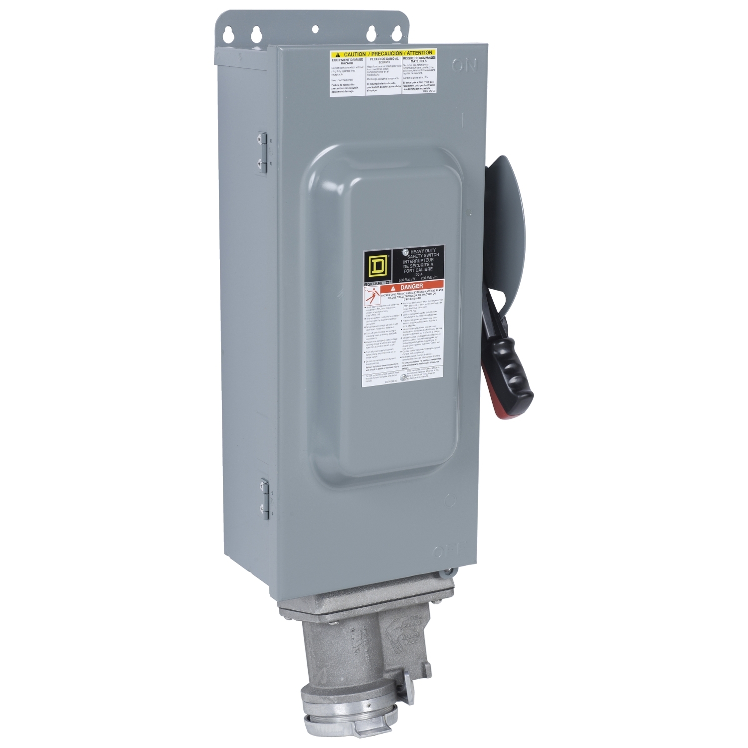 Safety switch, heavy duty, non fusible, 100A, 600VAC, 600VDC, 3 poles, 100hp, NEMA 12K, Appleton Powertite receptacle